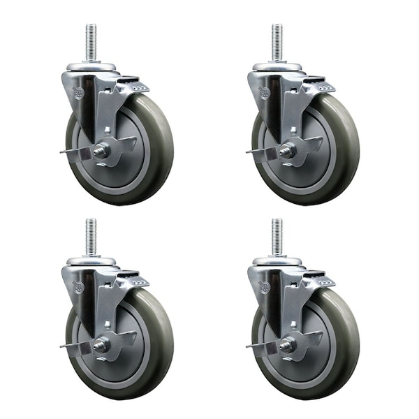 5 Inch Gray Polyurethane Wheel Swivel 34 Inch Threaded Stem Caster Set with Brake SCC